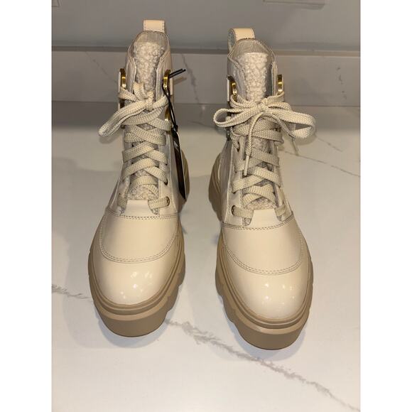 Sorel Combat Boots Womens Size 8 Taupe Patent Laces Sherpa Gorpecore Waterproof - Picture 5 of 10